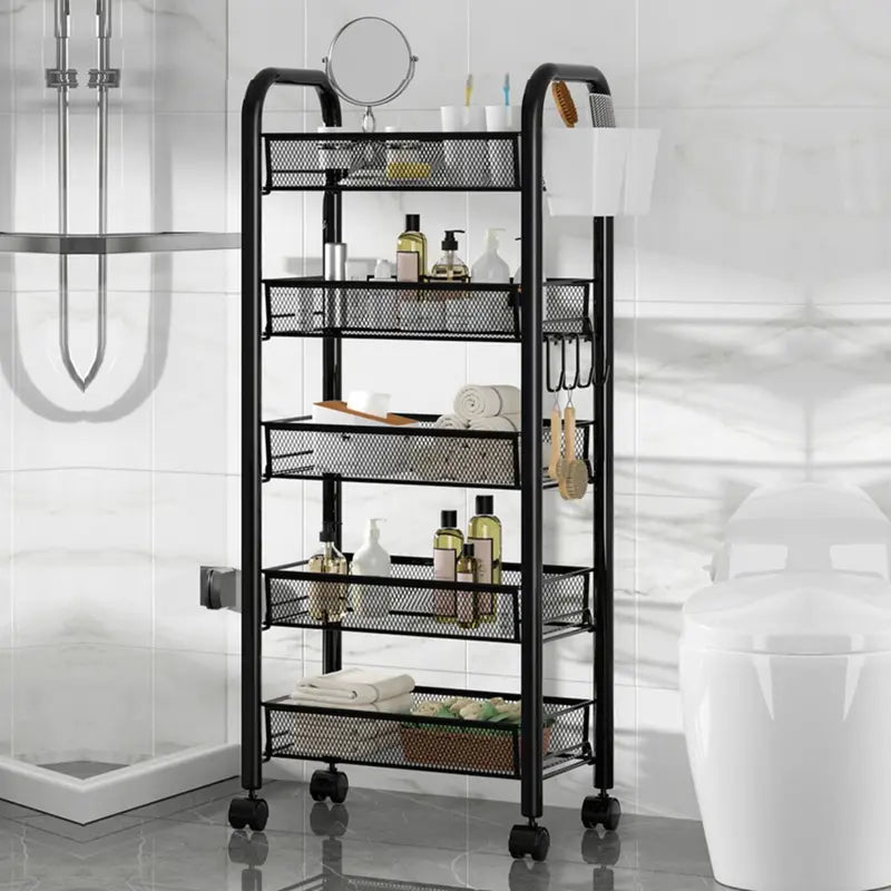 Five-Tier Black Metal Mesh Rolling Storage Cart