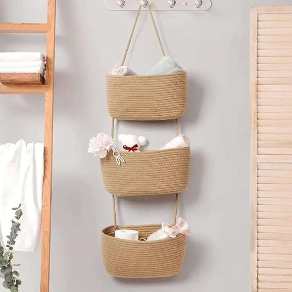 Three-Tier Hanging Woven Rope Storage Baskets