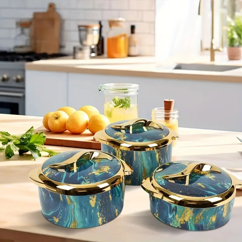 Three Marbled Teal Serving Pots with Gold Lids