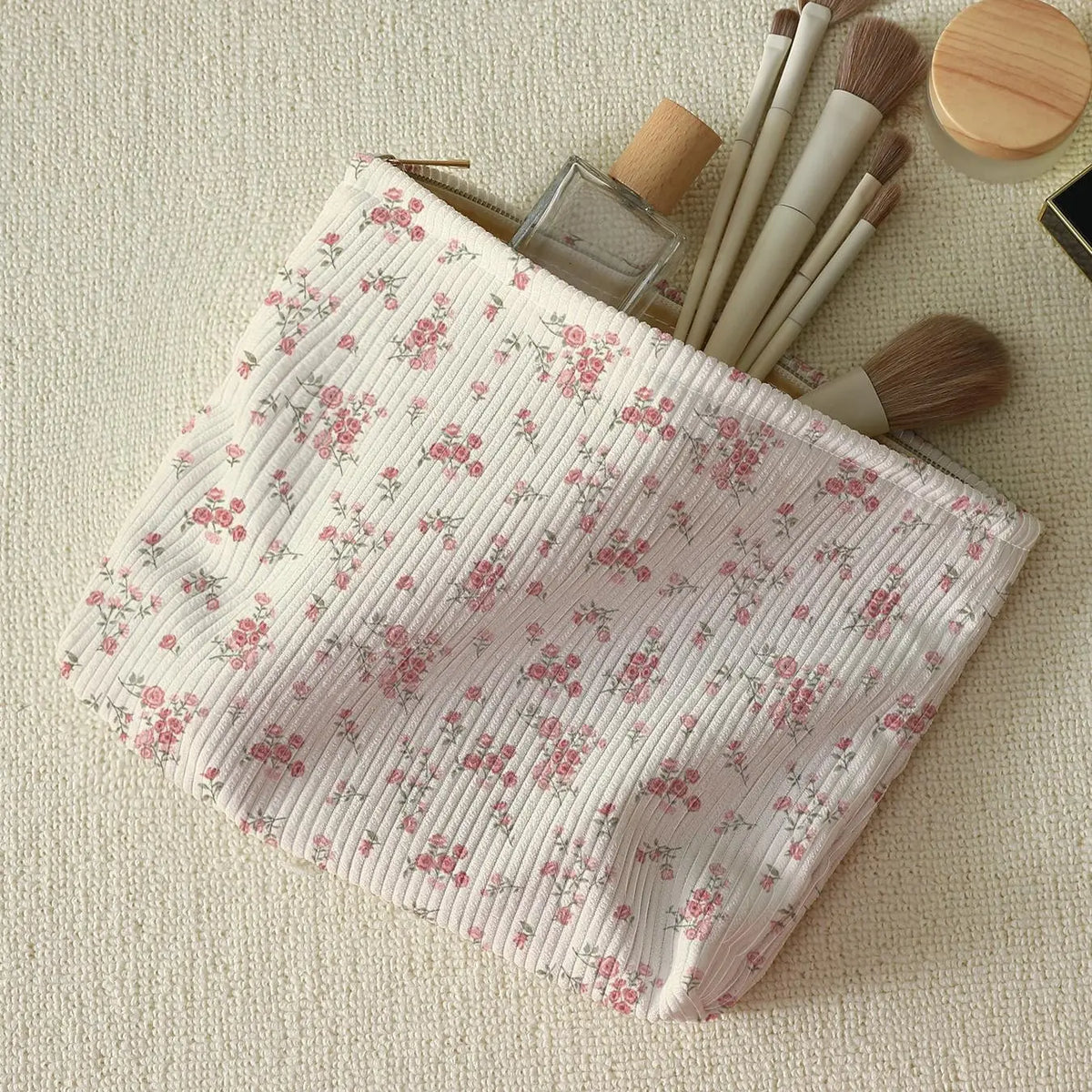 Cream Corduroy Zip Pouch with Pink Floral Print