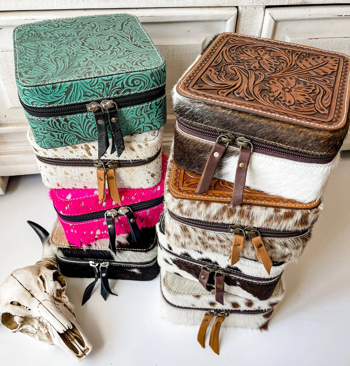 Zippered Cowhide and Tooled Leather Jewelry Cases