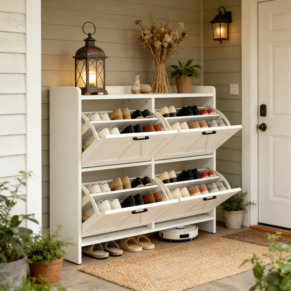 White Entryway Shoe Cabinet with Four Flip Doors