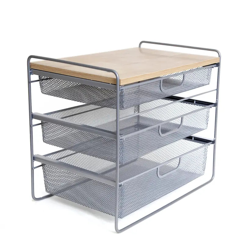 Mint Mesh Three-Drawer Desktop Organizer with Wood Top