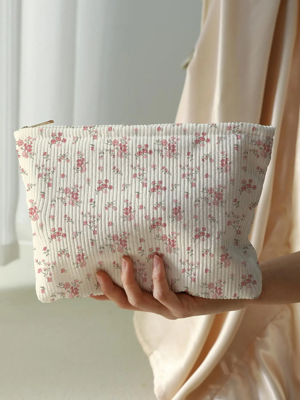 Cream Corduroy Zip Pouch with Pink Floral Print