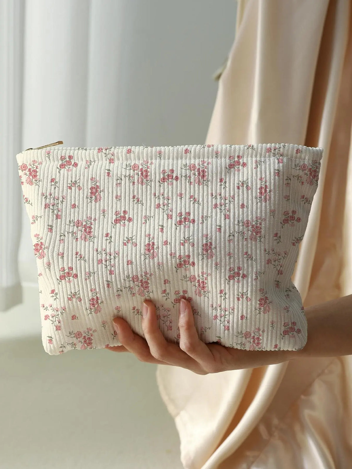 Cream Corduroy Zip Pouch with Pink Floral Print