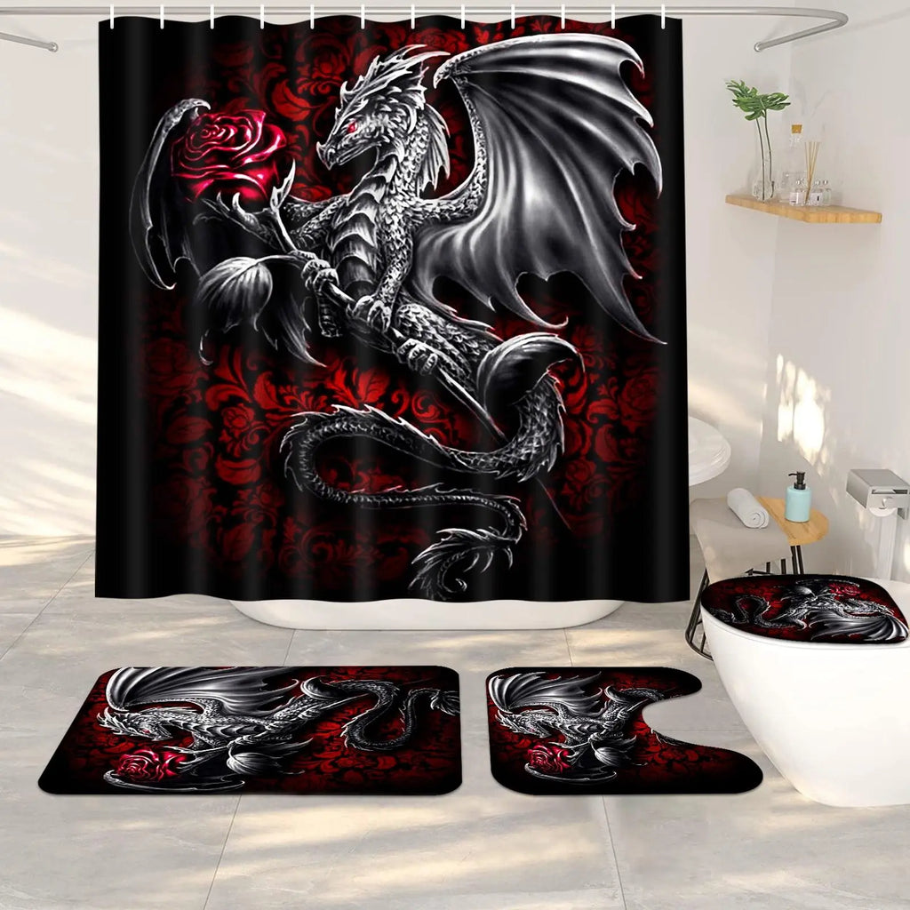 Dragon Print Four-Piece Bathroom Set in Black and Red