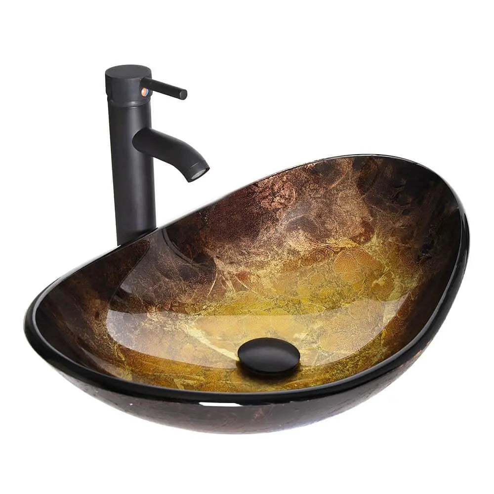 Oval Boat-Shaped Glass Vessel Sink with Black Faucet