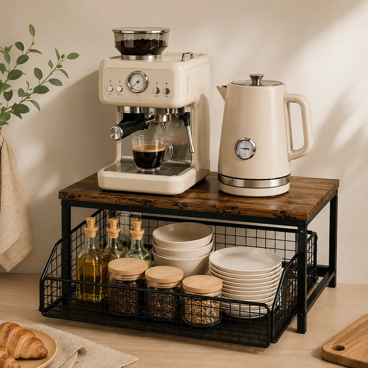 Wood-Top Countertop Shelf with Wire Pull-Out Basket