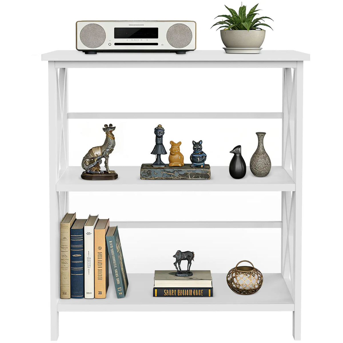 White Three-Shelf Open Bookcase with X Sides