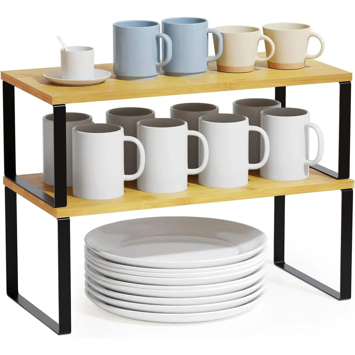 Stackable Bamboo and Black Metal Cabinet Shelves