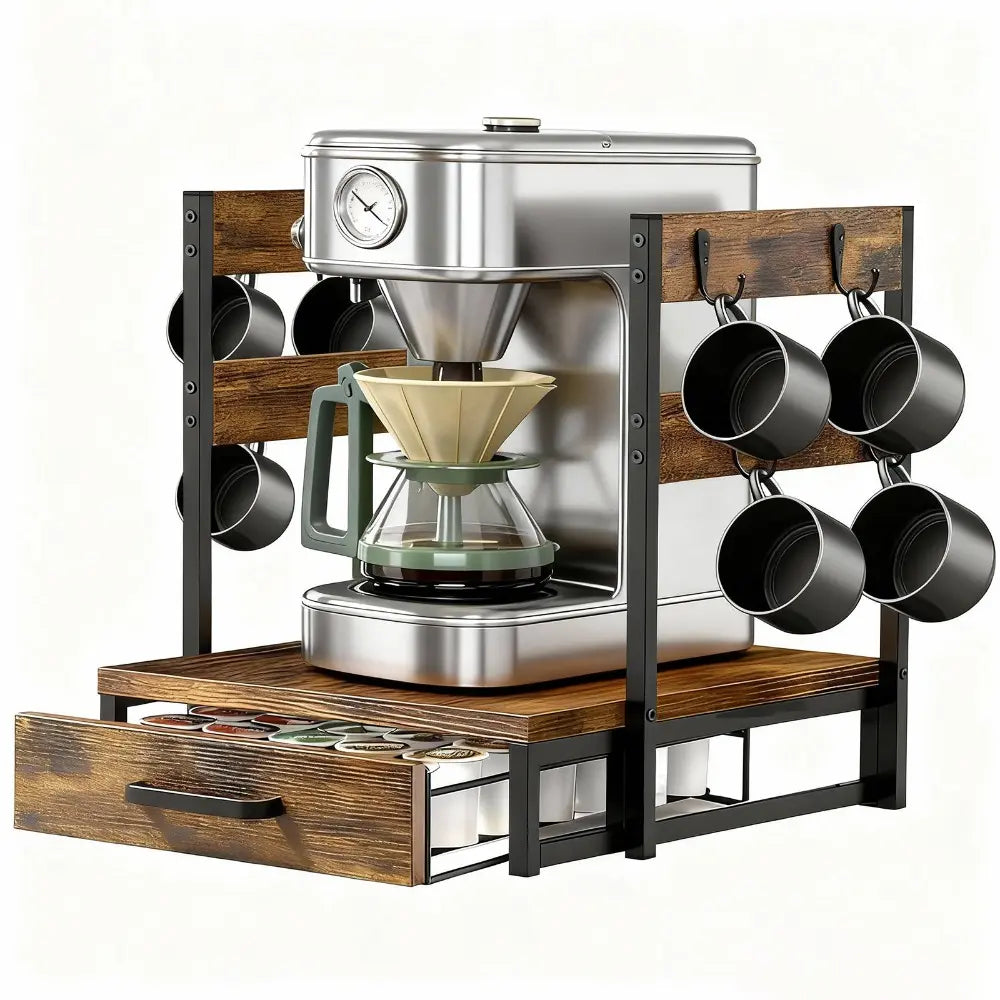 Rustic Wood and Black Metal Coffee Station Rack