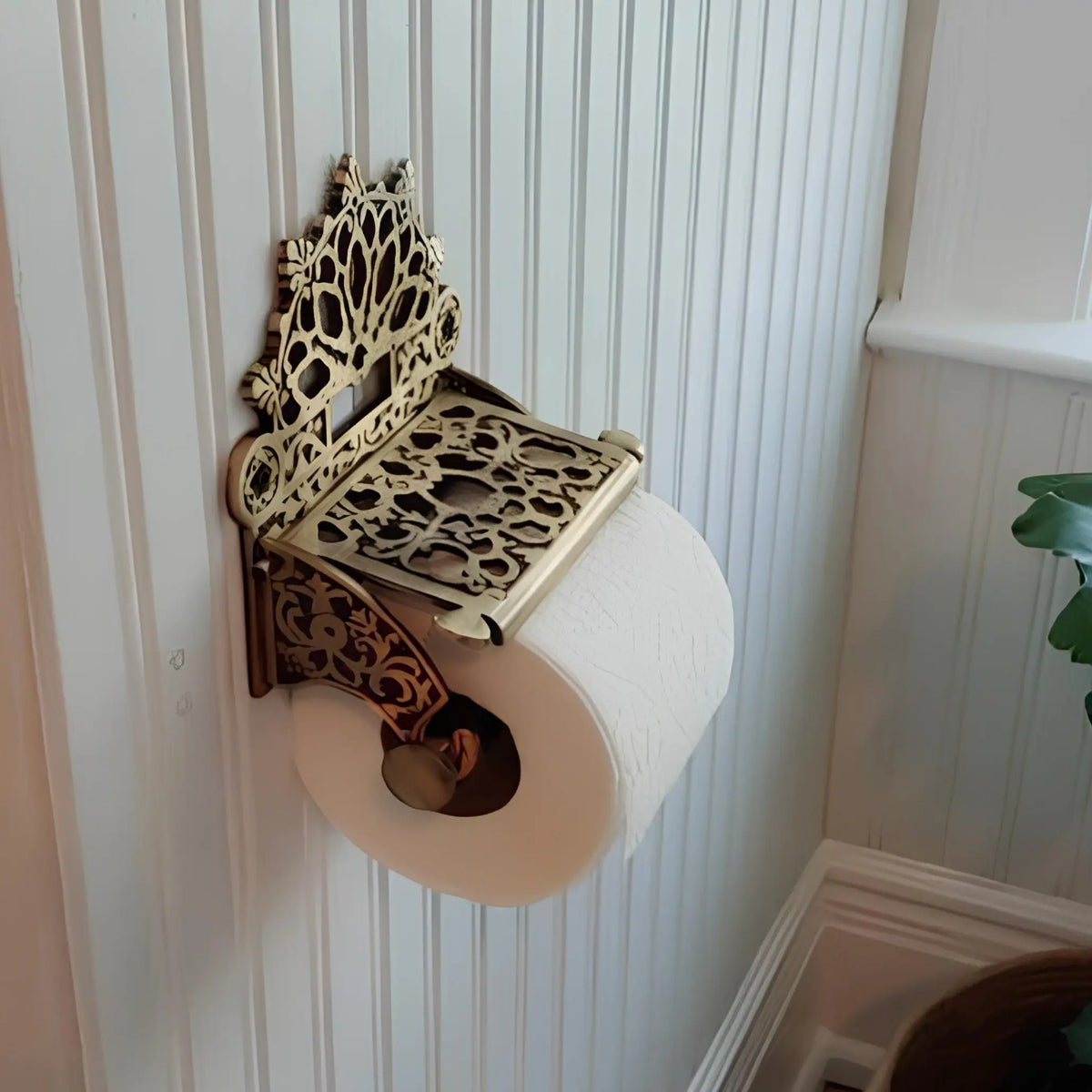 Ornate Brass Wall-Mounted Toilet Paper Holder with Hood