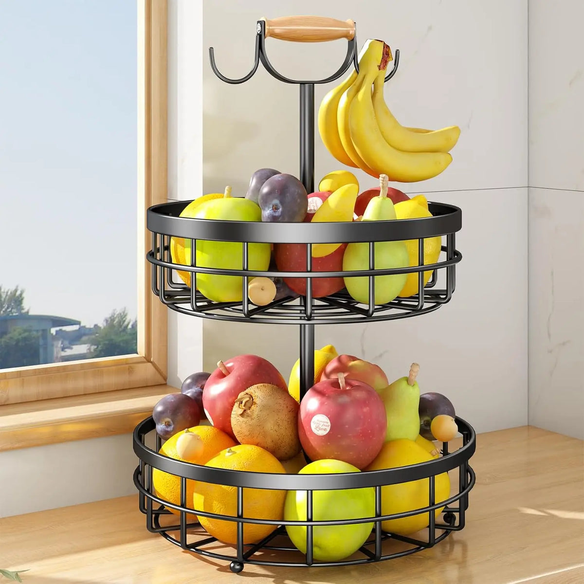 Black Wire Two-Tier Fruit Basket with Hooks