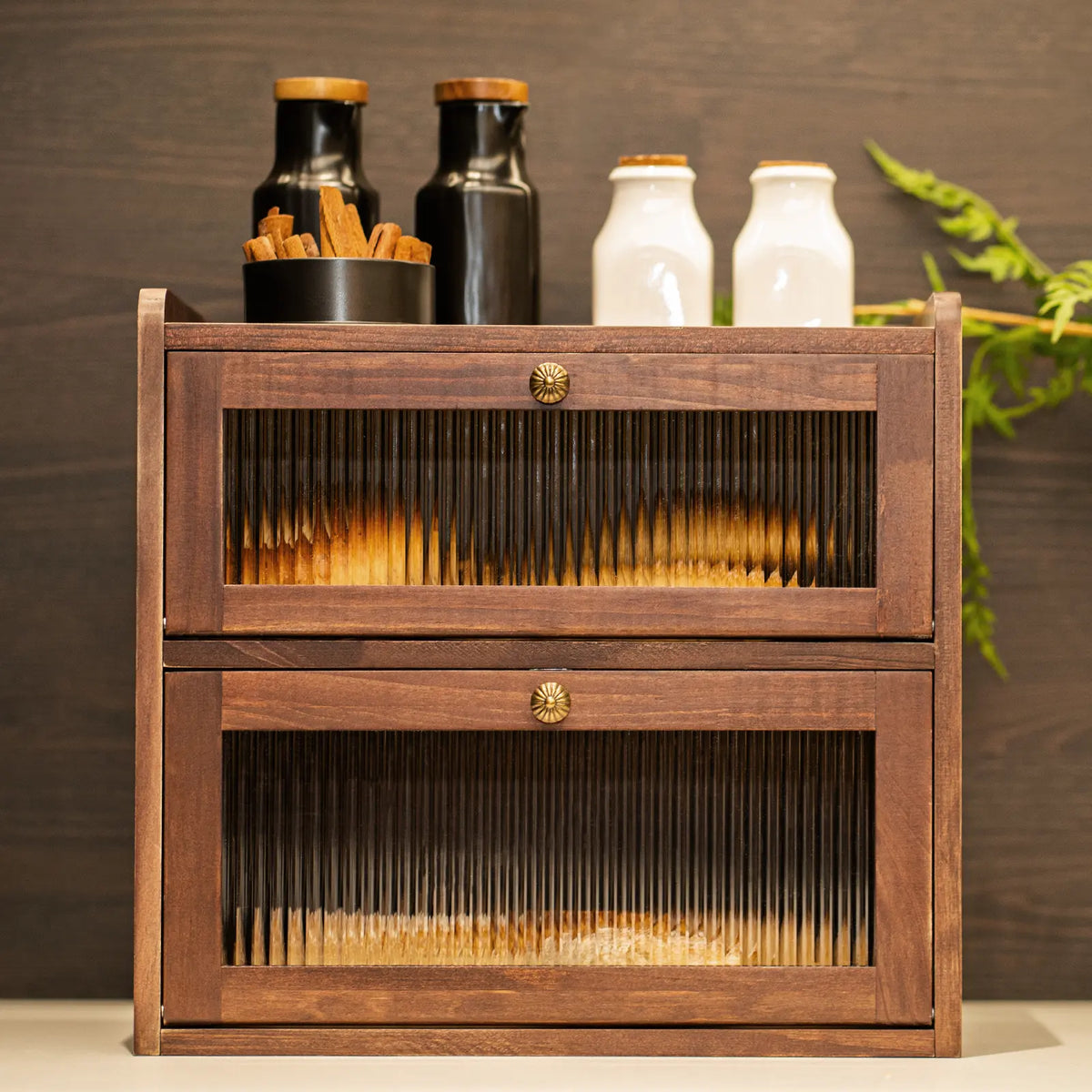 Two-Tier Wooden Bread Box with Ribbed Glass Doors