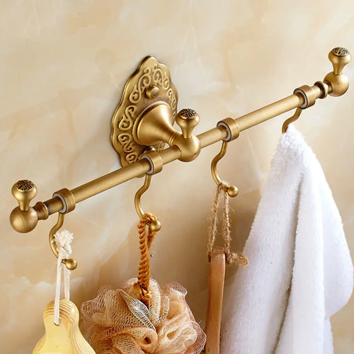 Antique Brass Wall Towel Bar with Hooks