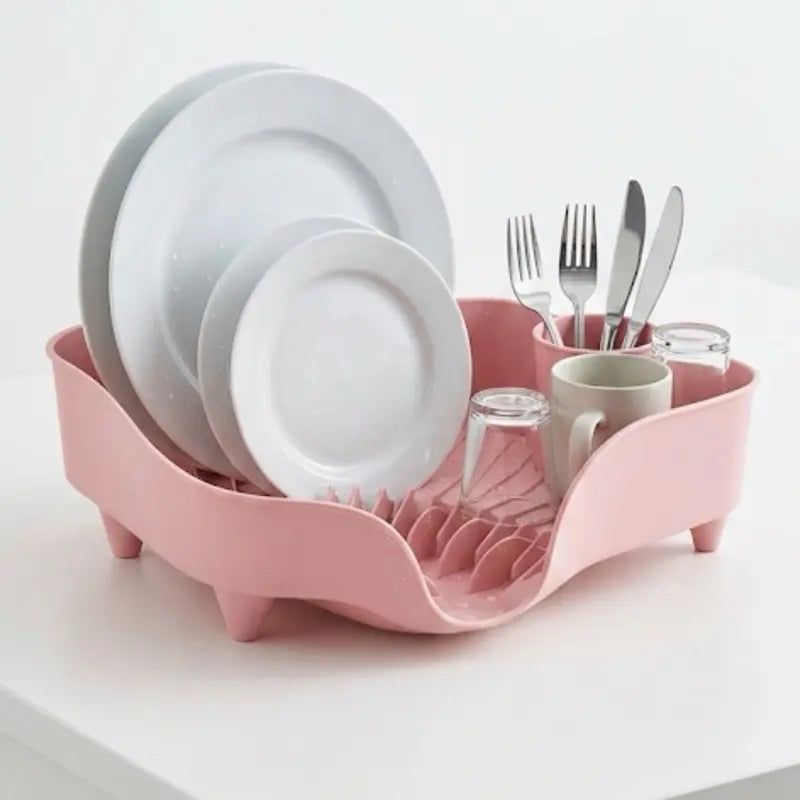 Pink Plastic Dish Drying Rack With Utensil Cup
