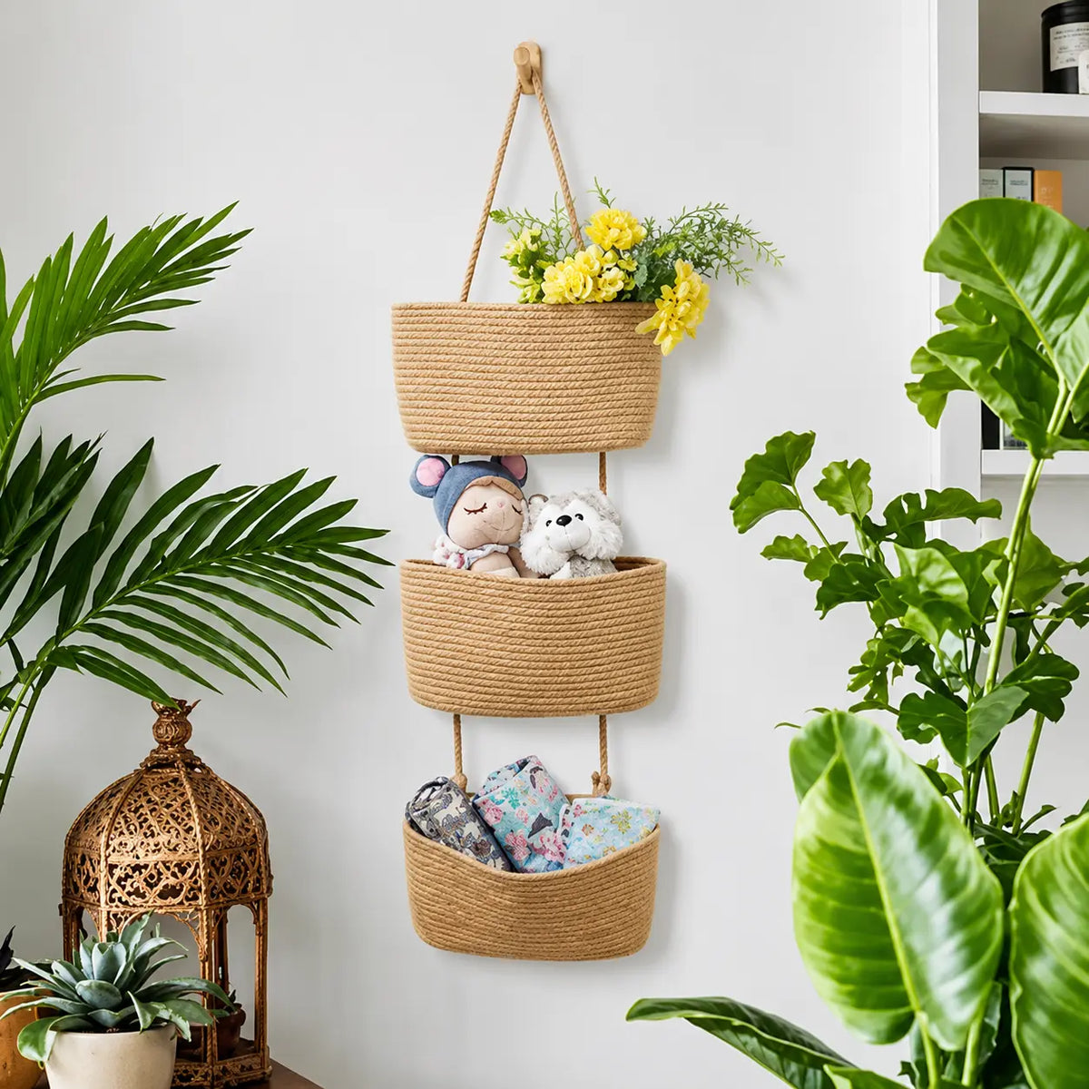 Three-Tier Woven Jute Hanging Wall Basket
