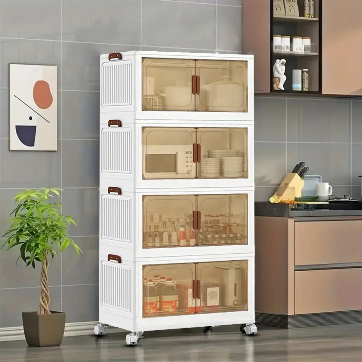 Four-Layer White Stackable Cabinet with Clear Doors