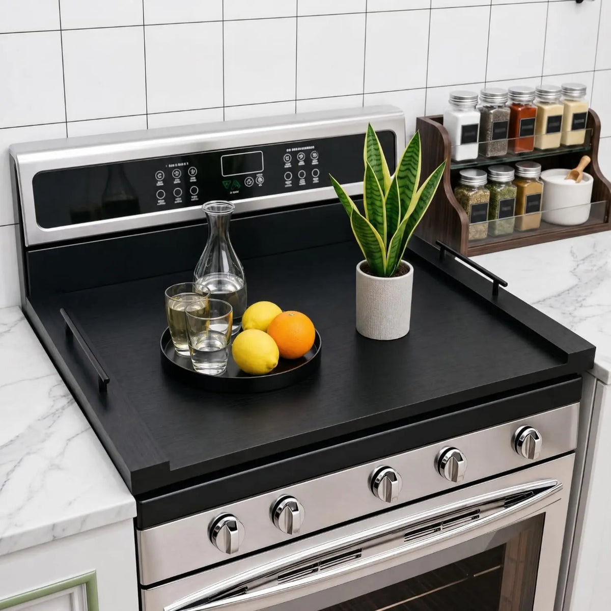Black Wooden Stove Top Cover with Handles