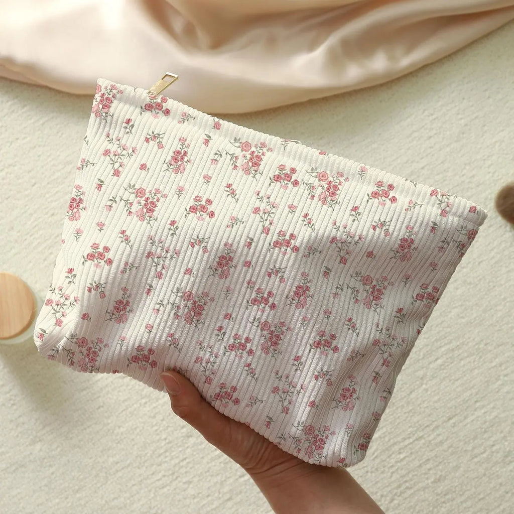 Cream Corduroy Zip Pouch with Pink Floral Print