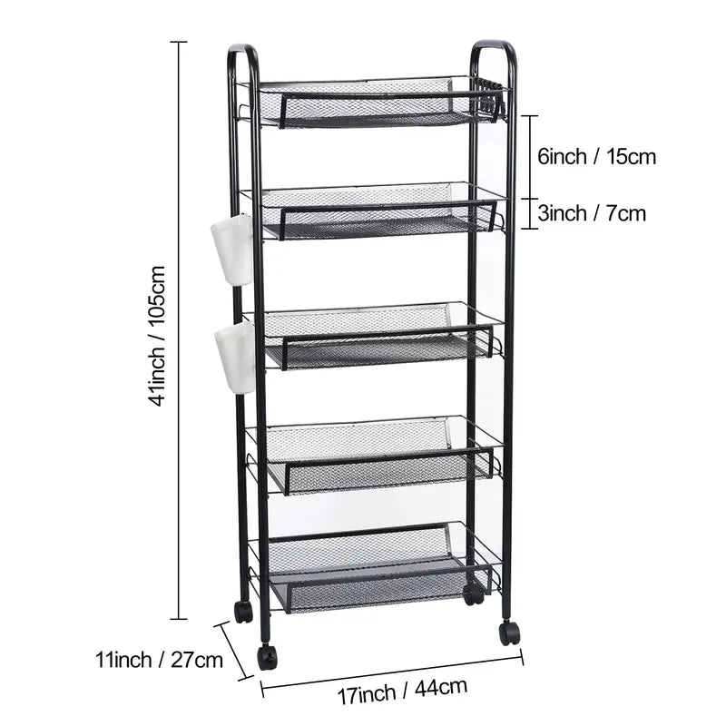 Five-Tier Black Metal Mesh Rolling Storage Cart