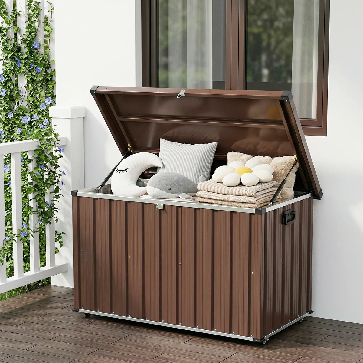 Brown Steel Deck Storage Box With Hinged Lid