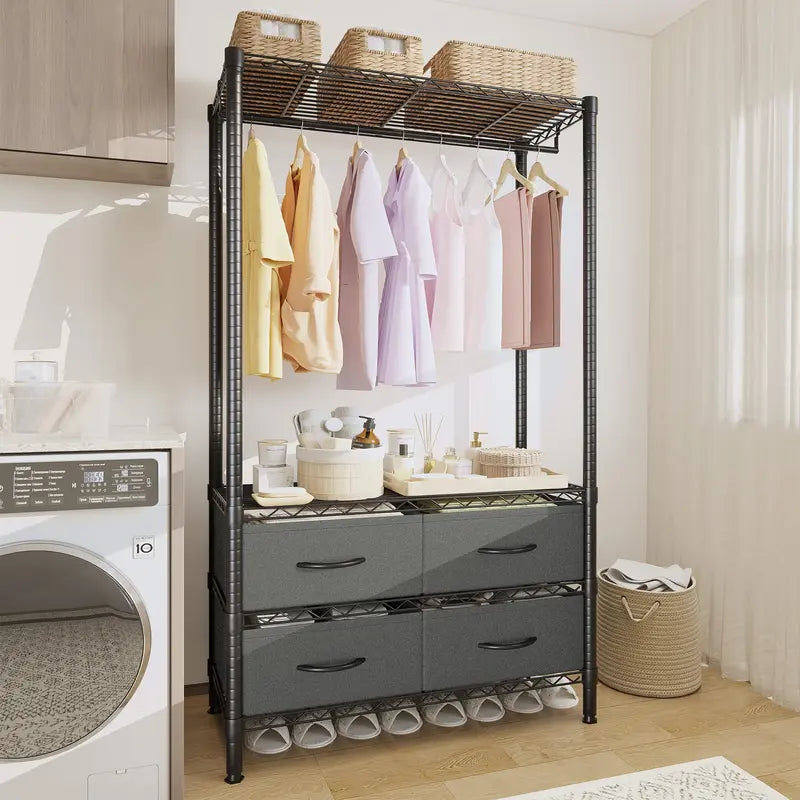 Black Metal Wardrobe Rack with Four Fabric Drawers