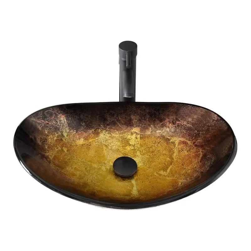 Oval Boat-Shaped Glass Vessel Sink with Black Faucet