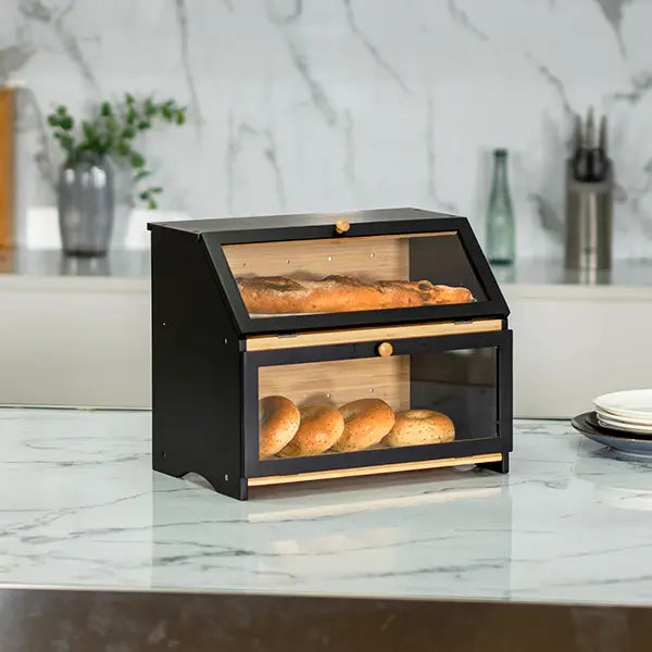 Black Two-Tier Wooden Bread Box with Windows