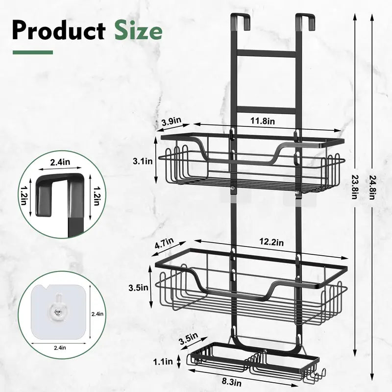 Black Metal Over-the-Door Hanging Shower Caddy with Hooks