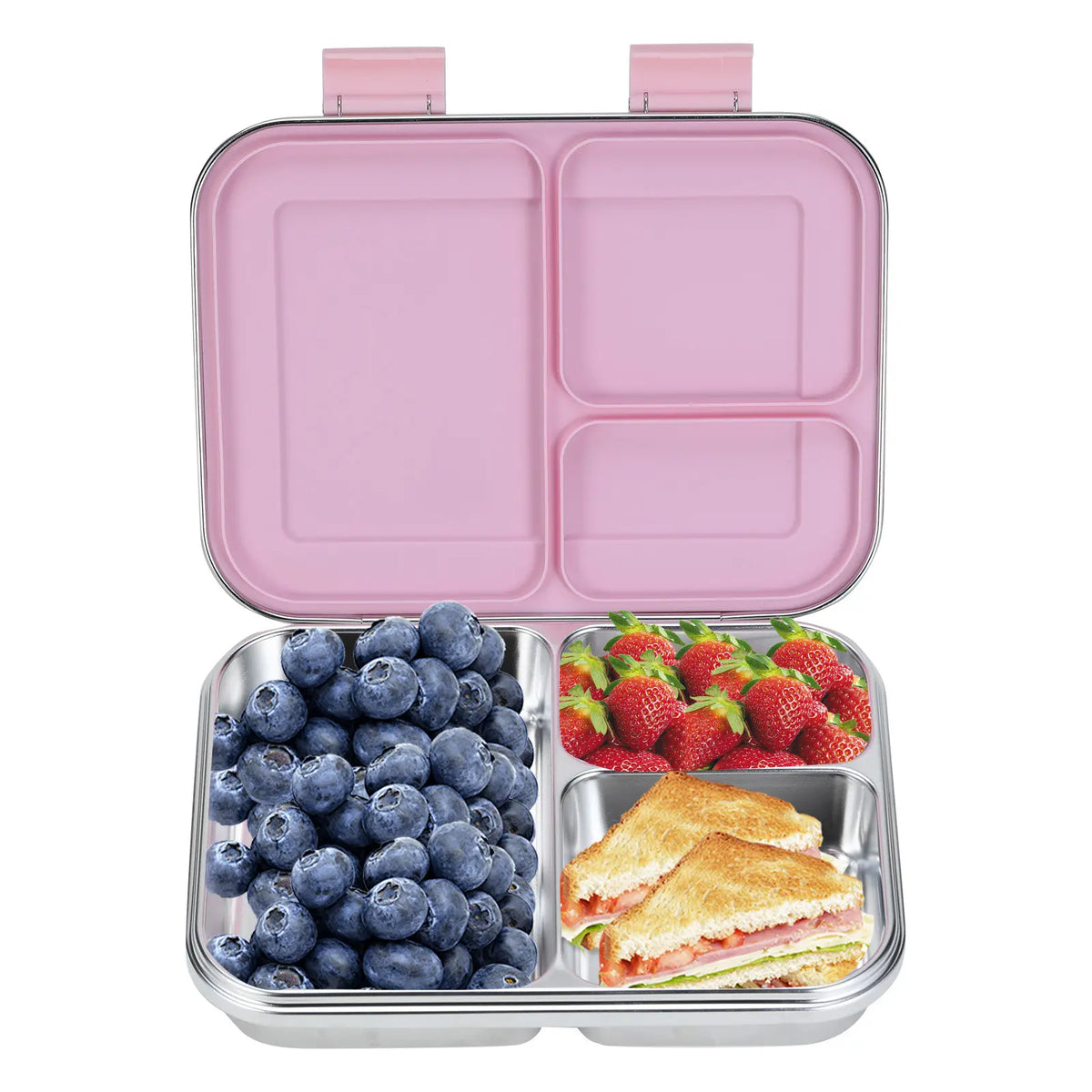 Stainless Steel Three-Compartment Lunch Box with Clip Lids