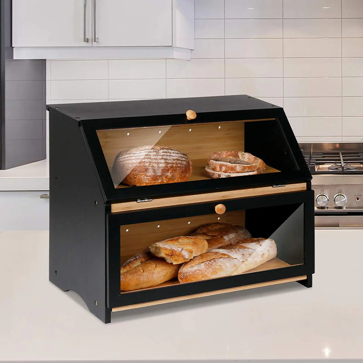 Black Two-Level Wooden Bread Box with Windows