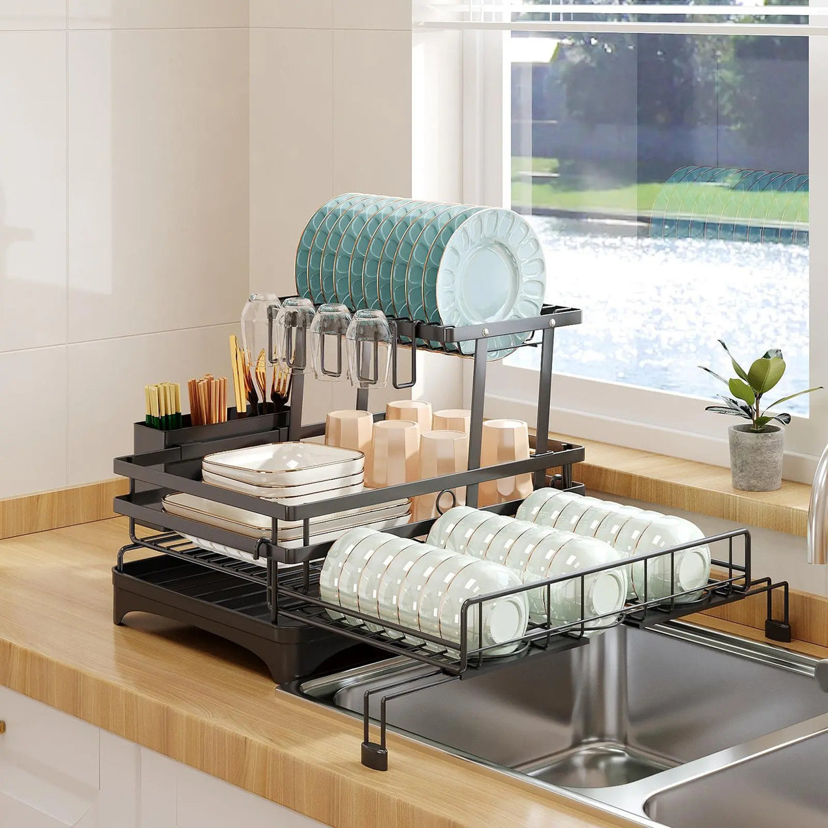 Two-Tier Black Metal Over-Sink Dish Rack