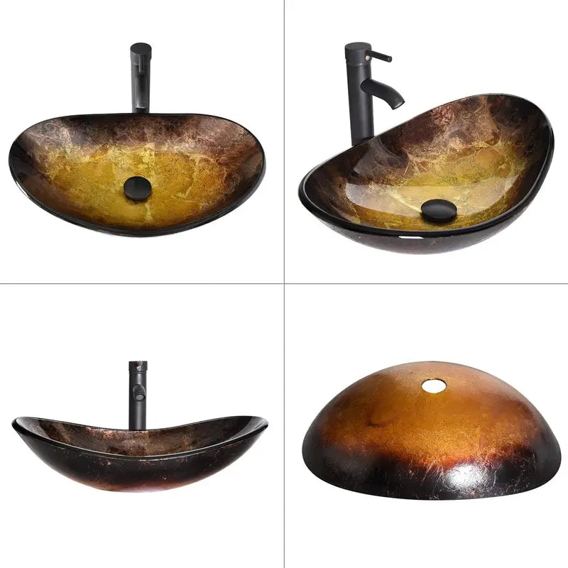 Oval Boat-Shaped Glass Vessel Sink with Black Faucet