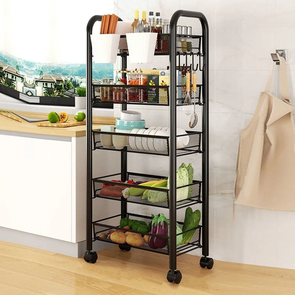 Five-Tier Black Metal Mesh Rolling Storage Cart