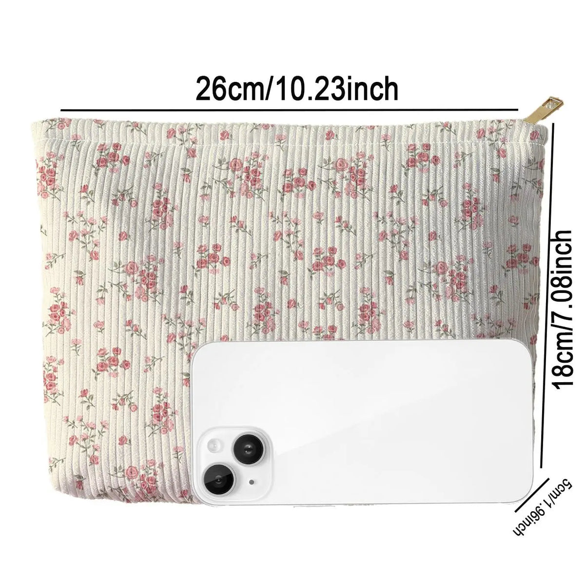 Cream Corduroy Zip Pouch with Pink Floral Print