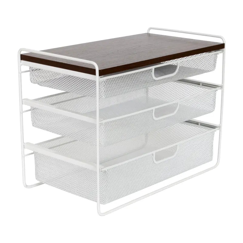 Mint Mesh Three-Drawer Desktop Organizer with Wood Top