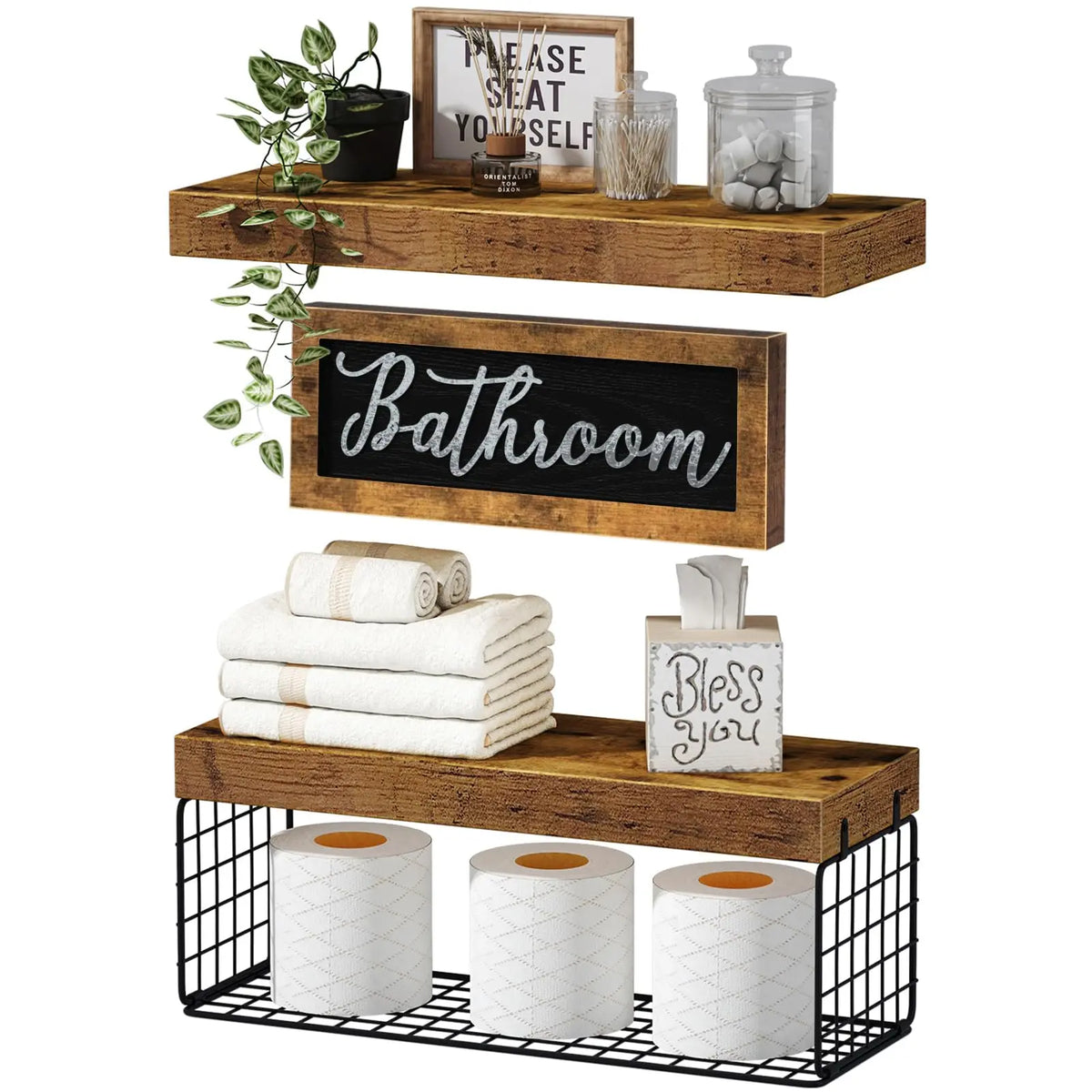 Rustic Brown Floating Shelf Set with Wire Basket