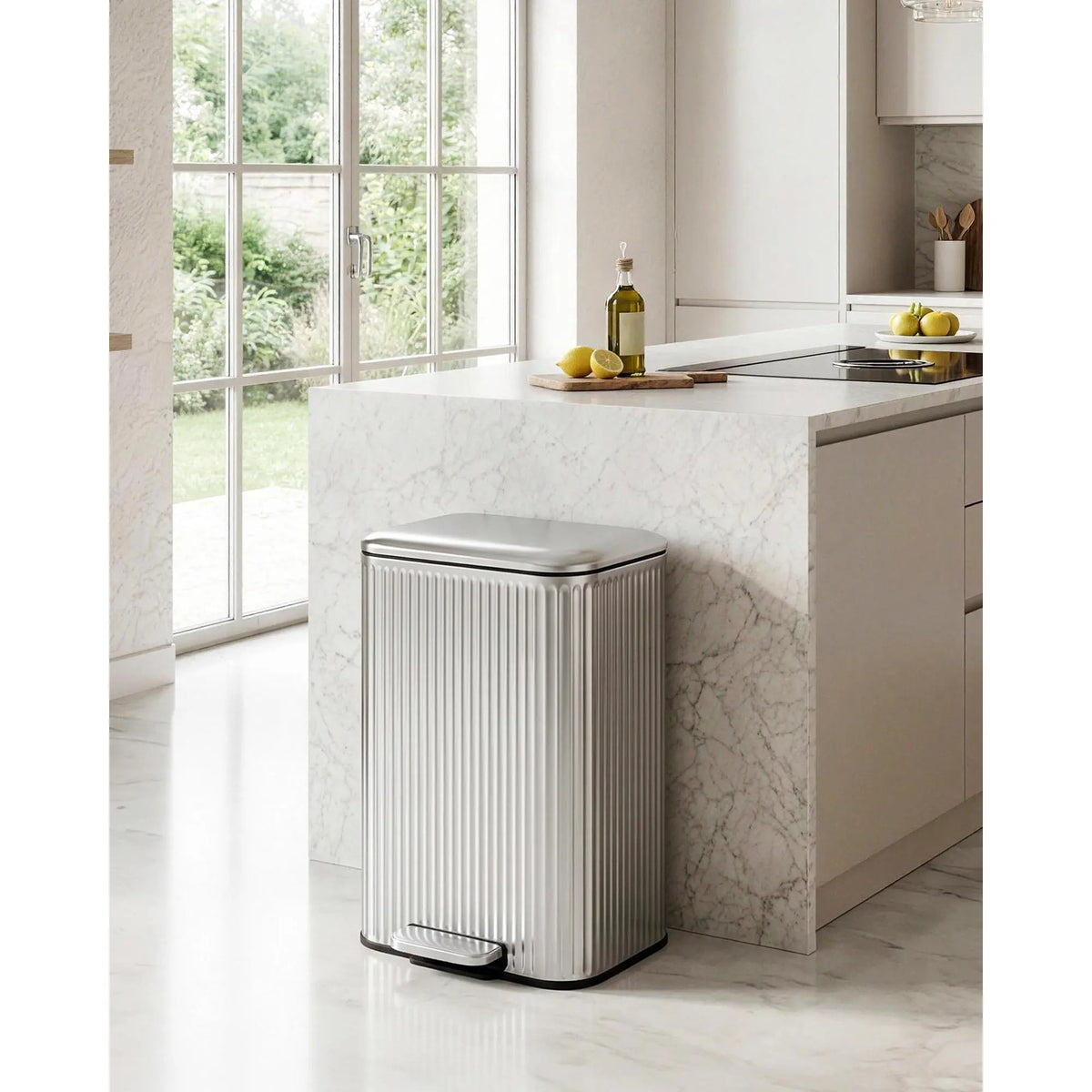 Brushed Steel Fluted Rectangular Step Trash Can