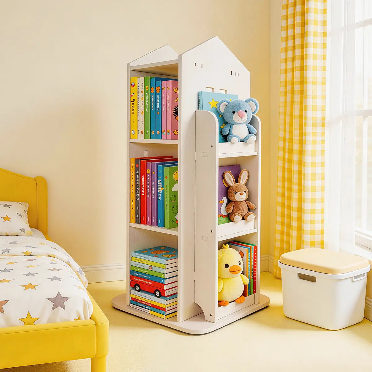 White Rotating Corner Bookshelf with House-Shaped Top