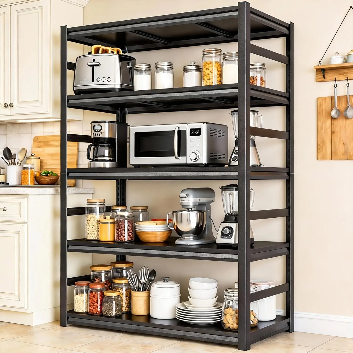 Five-Tier Black Metal Shelving Rack for Kitchen