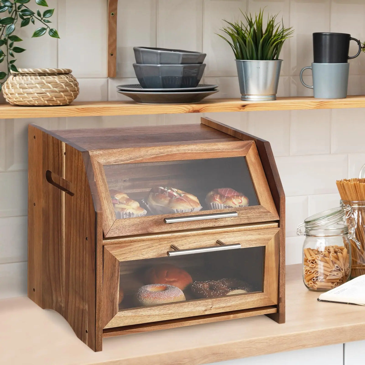 Two-Tier Wooden Bread Box with Clear Doors