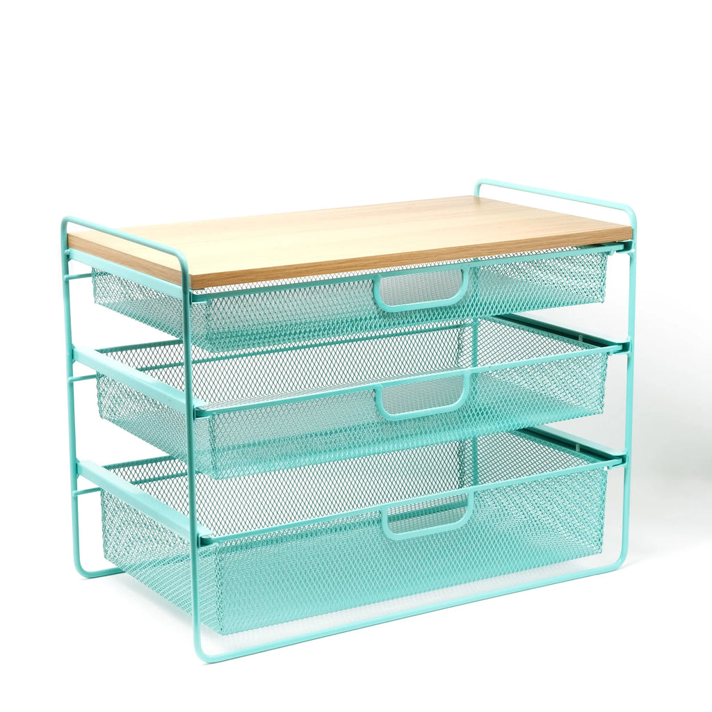 Mint Mesh Three-Drawer Desktop Organizer with Wood Top