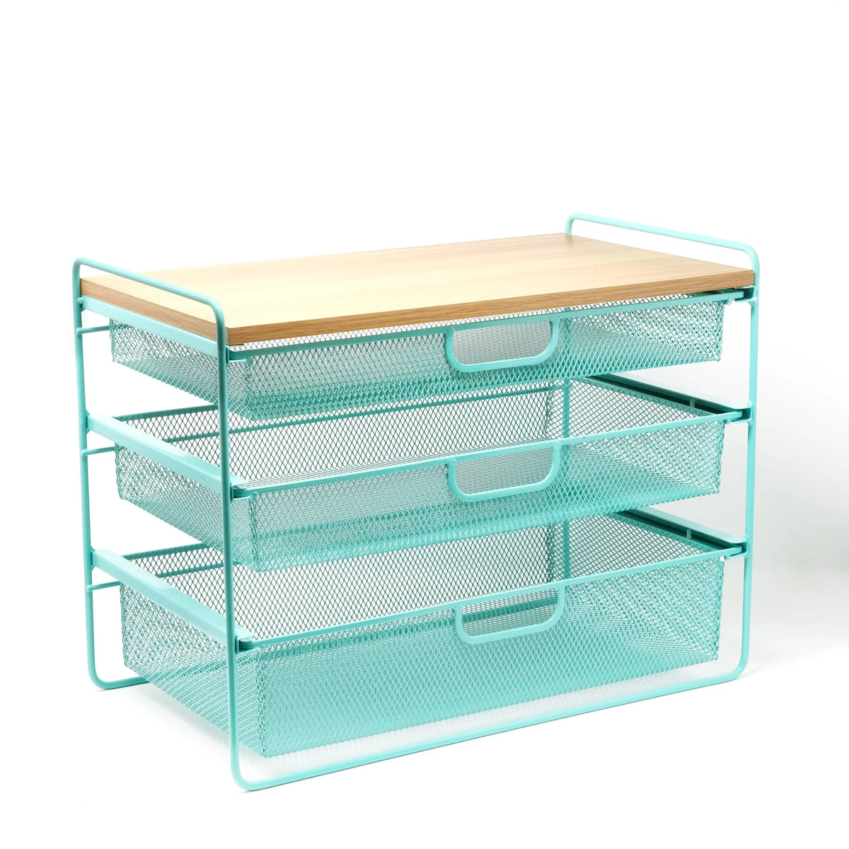 Mint Mesh Three-Drawer Desktop Organizer with Wood Top