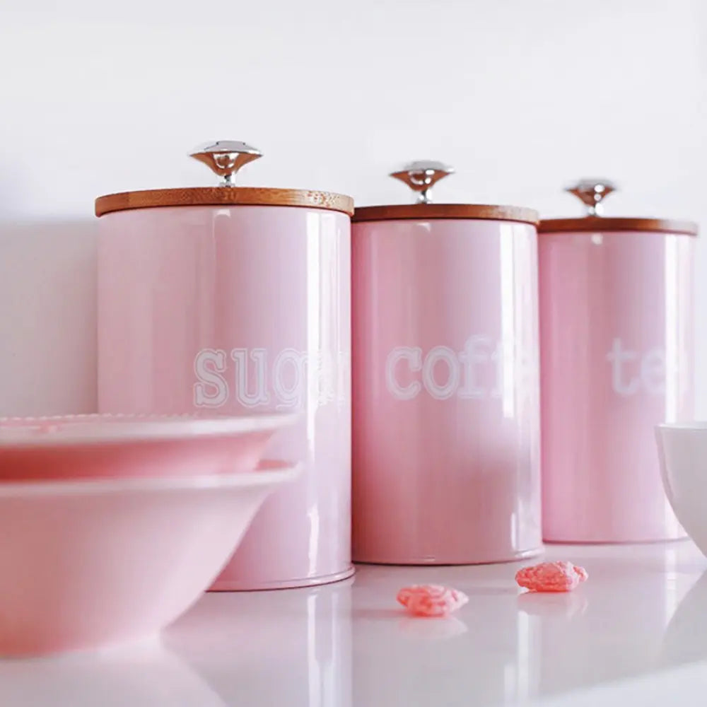 Pink Metal Canisters With Bamboo Lids