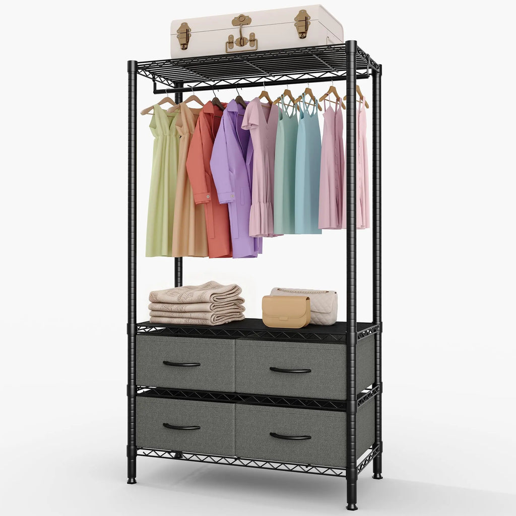 Black Metal Wardrobe Rack with Four Fabric Drawers