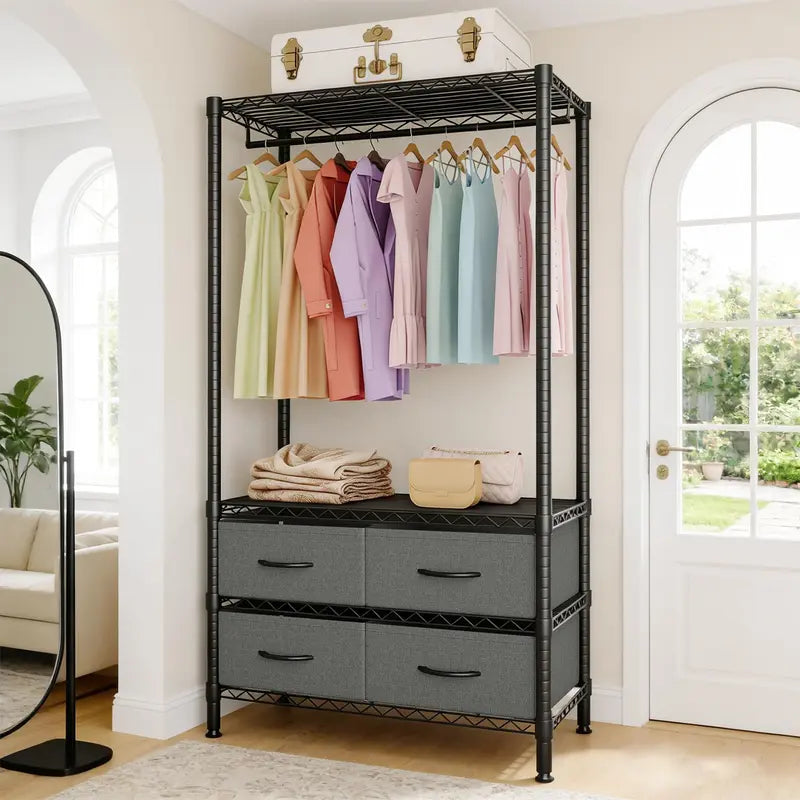 Black Metal Wardrobe Rack with Four Fabric Drawers