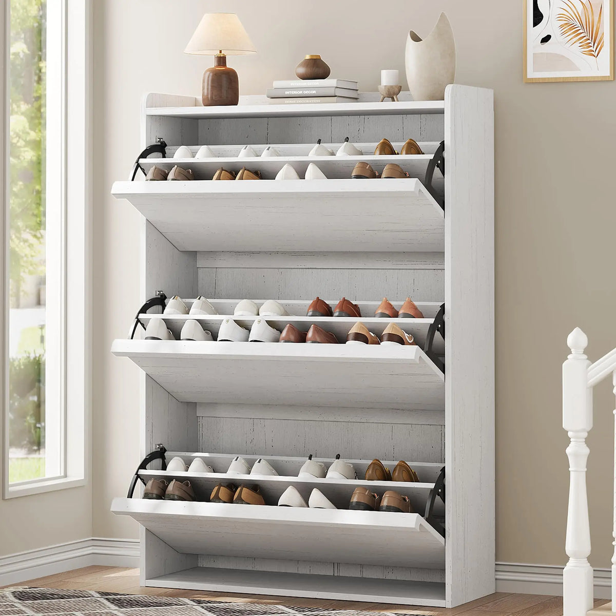 White Wood Shoe Cabinet with Three Tilt-Out Drawers