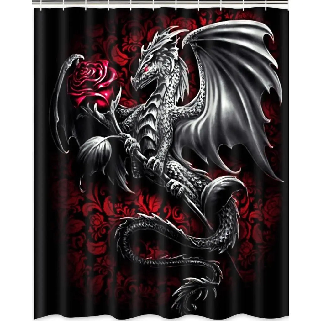 Dragon Print Four-Piece Bathroom Set in Black and Red