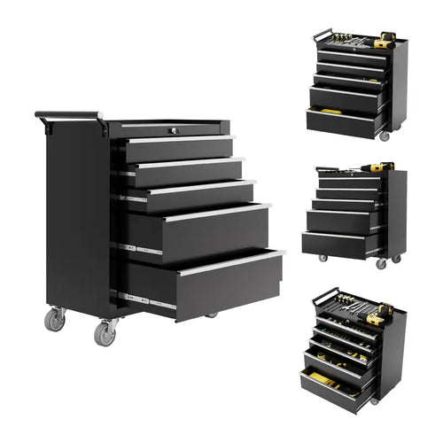 Black Five-Drawer Rolling Metal Tool Cabinet